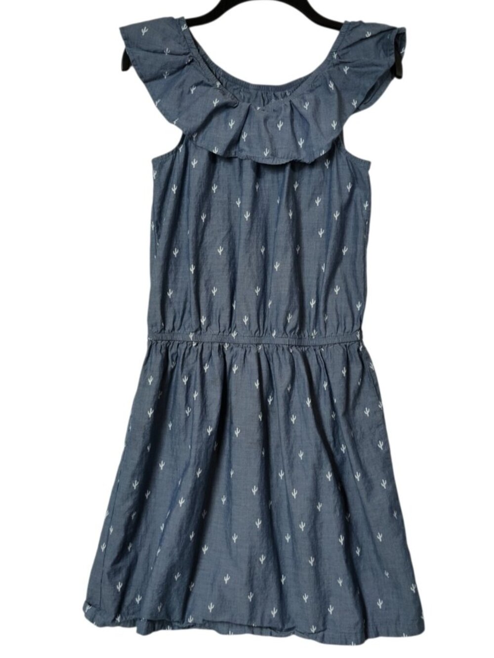Wonder Nation Girls Ruffle Blue Chambray Cactus Print Summer Dress XL 14-16
